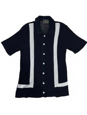 Massive Luxury Edition Vintage Crochet Knit Shirt Black White Stripe Button sz L